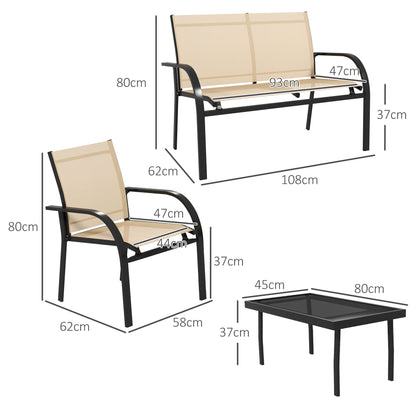 4 Piece Curved Steel Outdoor Furniture Set w/ Loveseat, 2 Texteline Seats, Glass Top Table Garden Balcony Patio Furniture - Beige