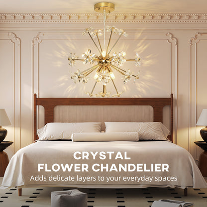 HOMCOM Crystal Chandeliers Ceiling Light with Flower, Modern Pendant Light with Adjustable Height, Ceiling Plate, Clear