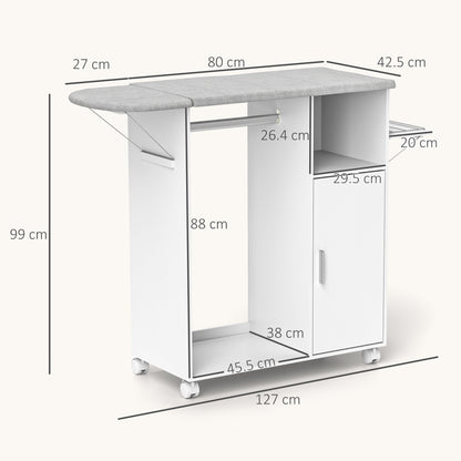HOMCOM Rolling Ironing Board Cabinet, Foldable Ironing Station with Storage, Wheels for Home, Laundry Room, White