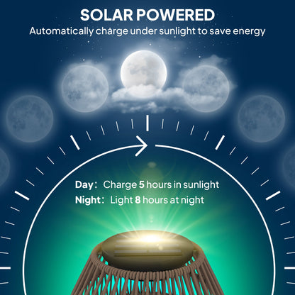 Outsunny Rattan Solar Lamp, Ogrodowa latarnia solarna z automatycznym włączaniem/wyłączaniem światła, IP44 wodoodporna, dekoracyjna zewnętrzna lampa rattanowa na werandę, ścieżkę, ciemnobrązowa