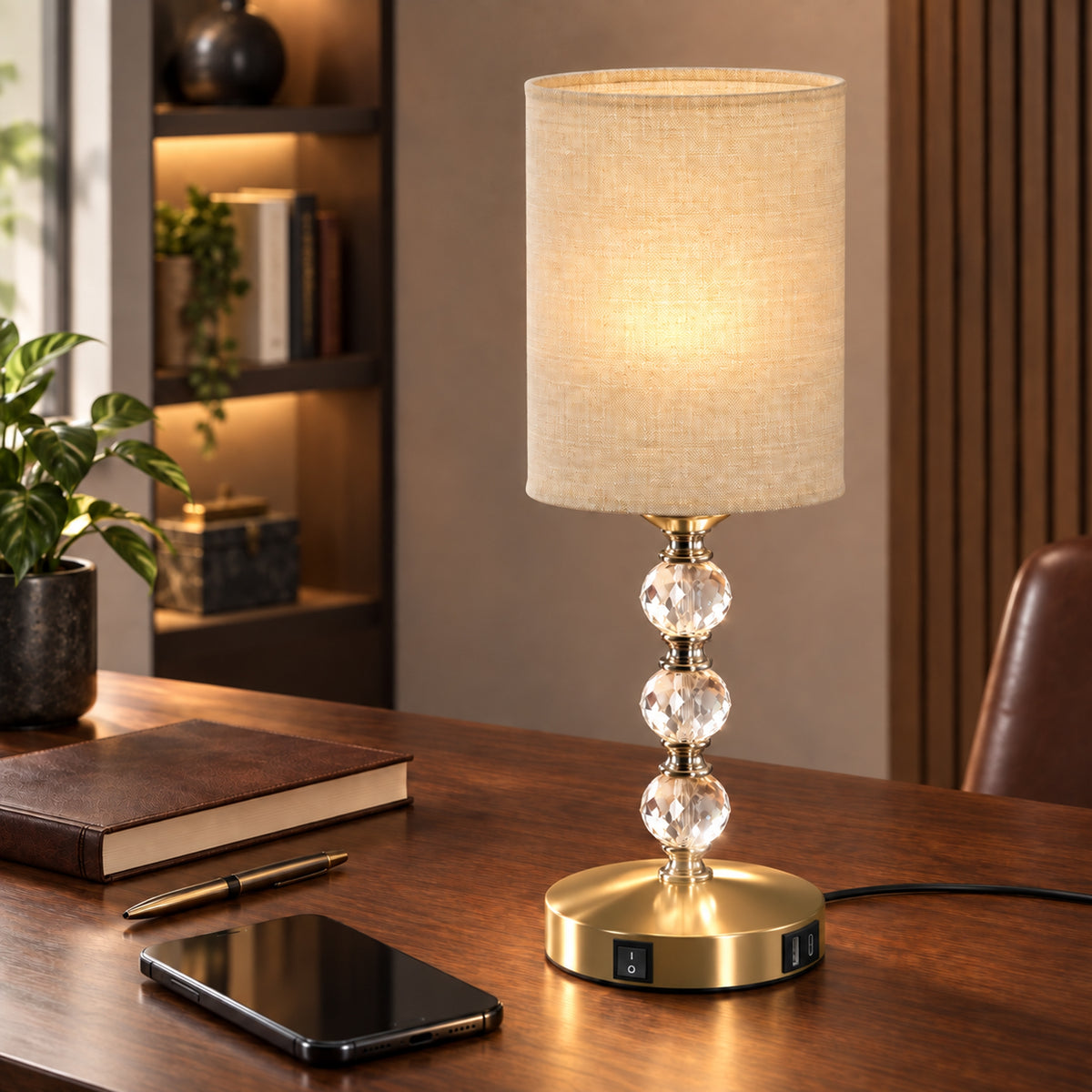 HOMCOM Bedside Lamp, Modern Crystal Decoration Table Lamp with PVC shade, USB A+C Charging Ports, Bulb Not Included, Gold Tone