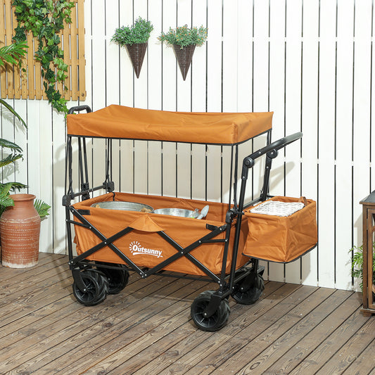 Outsunny 120L Festival Trolley on Wheels, Folding Camping Trolley Cart with Removable Canopy, All-Terrain Wheels, Adjustable Handle and Side Pockets for Garden Beach Fishing Shopping, Orange
