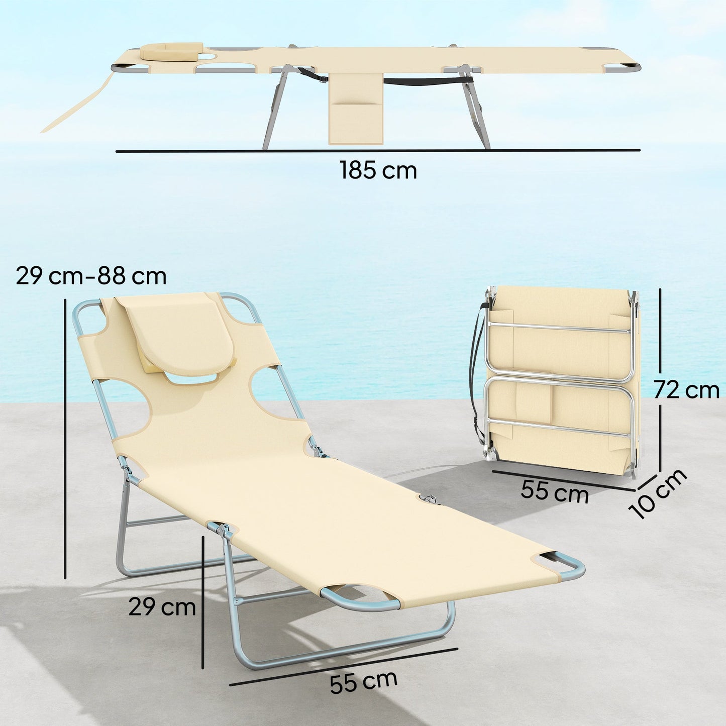 Outsunny 5-Position Adjustable Sun Loungers Set of 2 with Reading Hole and Side Pocket, Beige