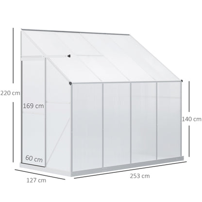 Outsunny 8 x 4ft Walk-In Lean to Greenhouse Garden Heavy Duty Aluminium Polycarbonate Green House with Roof Vent for Plants Herbs Vegetables, Silver