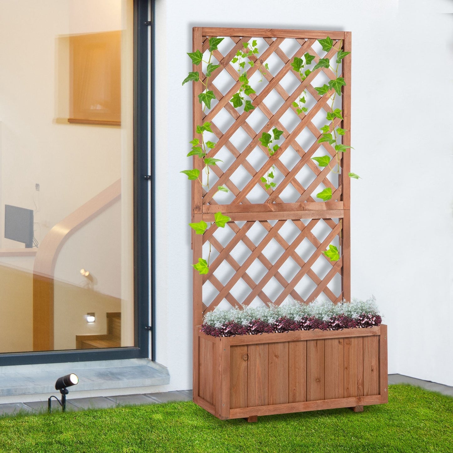 Outsunny 72.5 x 31.5 x 149.5 cm 45L Garden Wooden Pine Trough Planter with Topped Trellis Climbing Plants Flower Raised Bed, Orange