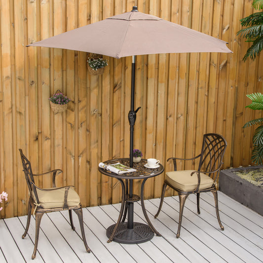 Zestaw ogrodowy Outsunny 3-częściowy z odlewanego aluminium dla 2 osób z otworem na parasol, stolik kawowy do ogrodu, odporny na rdzę, z poduszkami – brąz