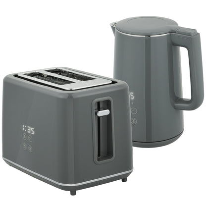 HOMCOM Digital Stainless Steel Kettle and Toaster Set, 1.5L 3000W Fast Boil Kettle, 2 Slice Toaster with 7 Level Browning Controls, Defrost, Reheat, Keep Warm, Crumb Tray and LED Touch Display, Grey
