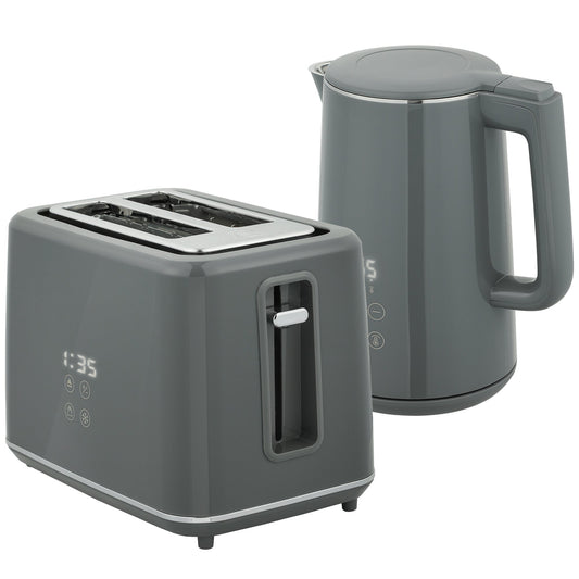 HOMCOM Digital Stainless Steel Kettle and Toaster Set, 1.5L 3000W Fast Boil Kettle, 2 Slice Toaster with 7 Level Browning Controls, Defrost, Reheat, Keep Warm, Crumb Tray and LED Touch Display, Grey