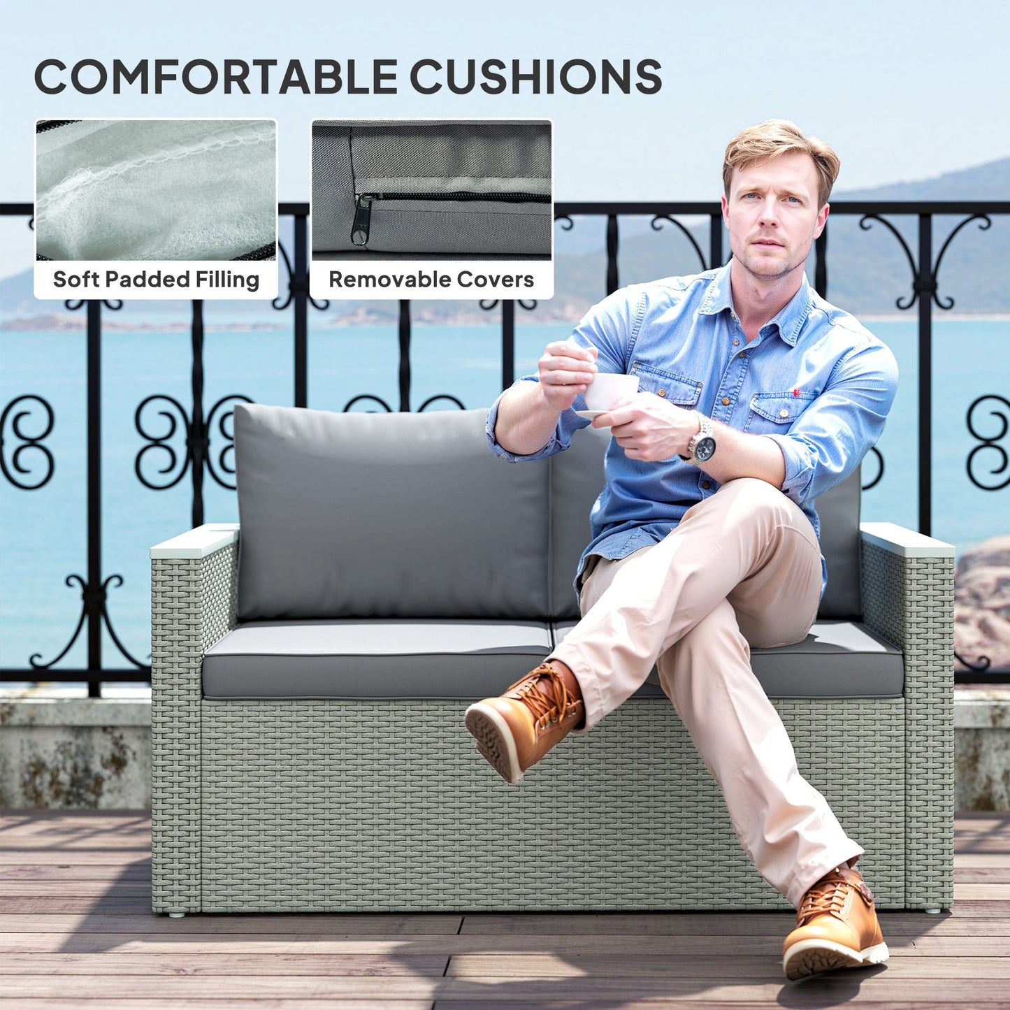 Outsunny Four-Piece Rattan Sofa Set, with Wood-Top Table