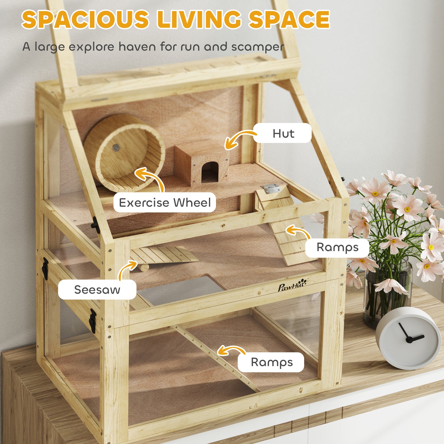 PawHut Wooden Hamster Cage with Detachable 32cm Deep Bottom, Hut, Seesaw, Exercise Wheel, Ramp, 60 x 40 x 75cm