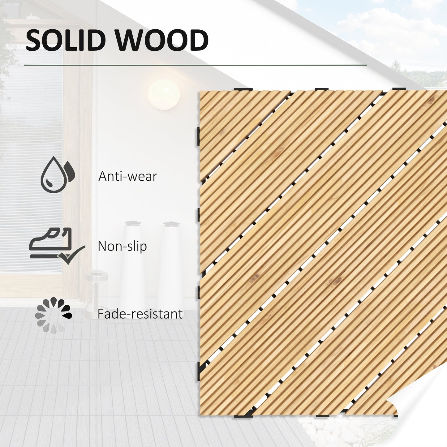 27 Piece Wooden Interlocking Decking Tiles, 30 x 30 cm Anti-slip Outdoor Flooring Tiles, 0.81㎡ per Pack, All Weather Use For Patio, Hot Tub, Yellow