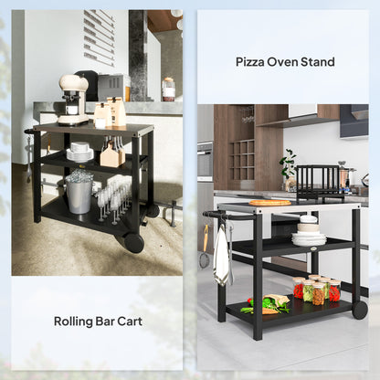 Outsunny Outdoor Grill Dining Cart 3-półkowy ruchomy stół do pieczenia pizzy ze stalowym blatem, przenośny wózek do grilla, stacja do przygotowywania żywności na zewnątrz, kuchnia, stacja do grillowania z haczykami, kółka, uchwyt, antracytowy