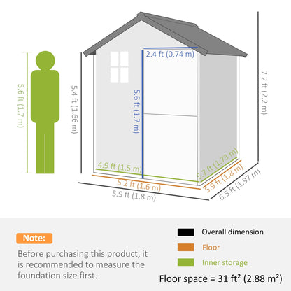 سقيفة خشبية من Outsunny مقاس 6 × 6.5 قدم، سقيفة تخزين حديقة متضمنة بالأرضية مع سقف علوي مقاوم للماء ونافذة شفافة