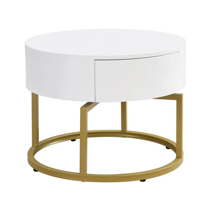 Rotating Round Marble Coffee Table Set, High Gloss Pattern with Golden Metal Frame, Set of 2, 70x70x45 cm + 50x50x38.5 cm, White