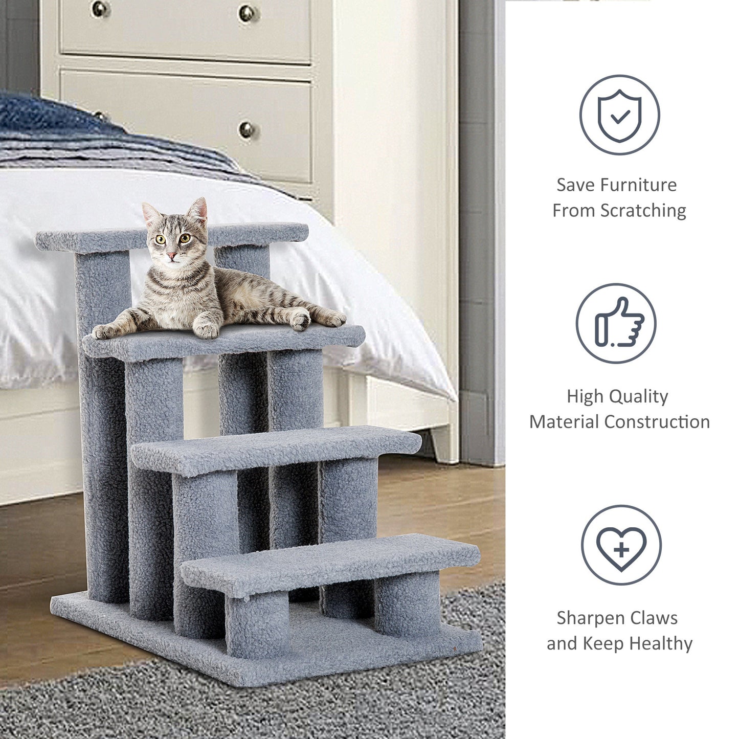 PawHut Dog Steps for Bed 4 Step Pet Stairs for Sofa Dog Cat Climb Ladder 63x43x60 cm Grey