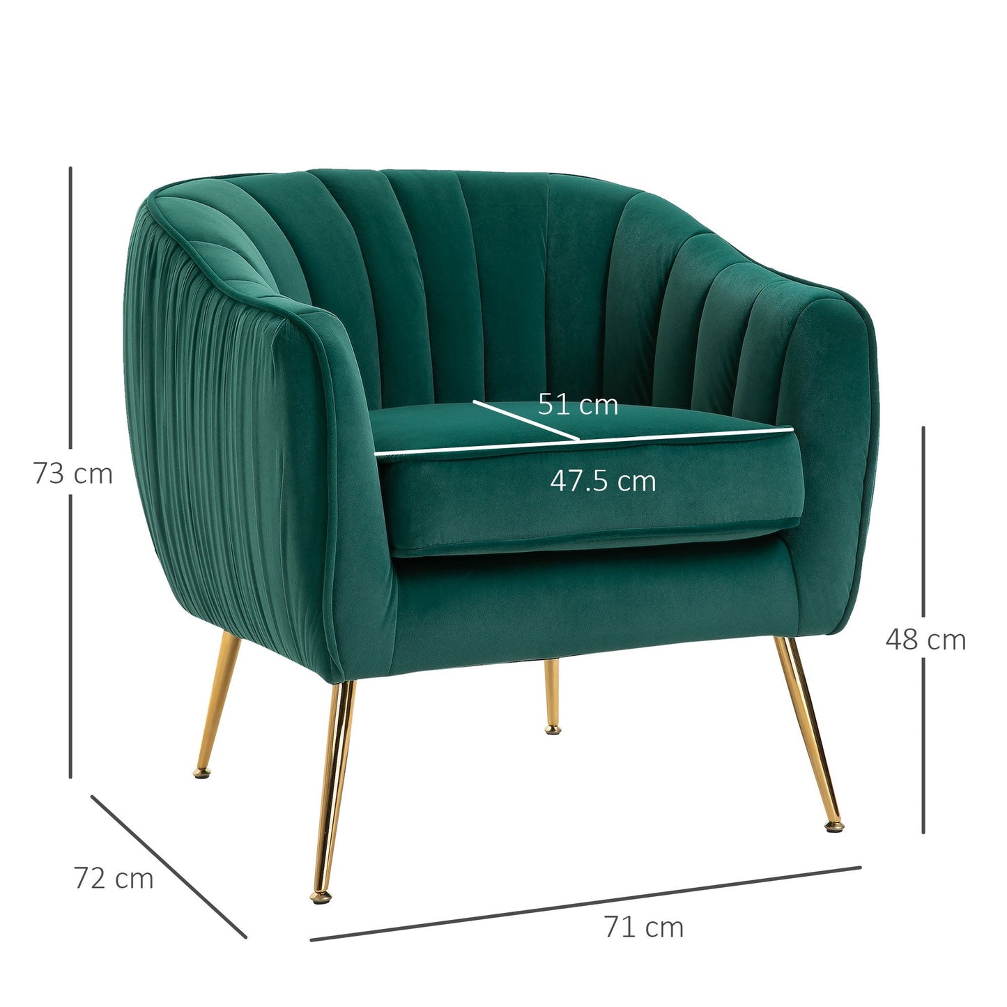 Retro Style Velvet-Feel Tub Armchair, with Gold Tone Legs - Green