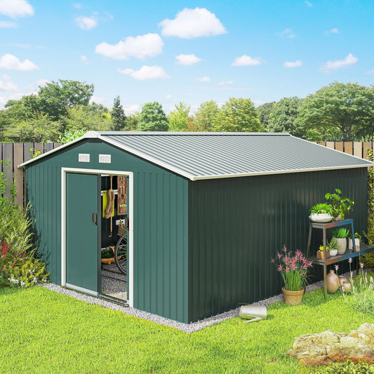 Outsunny 12.5 x 11.1ft Steel Sliding Door Storage Shed - Green