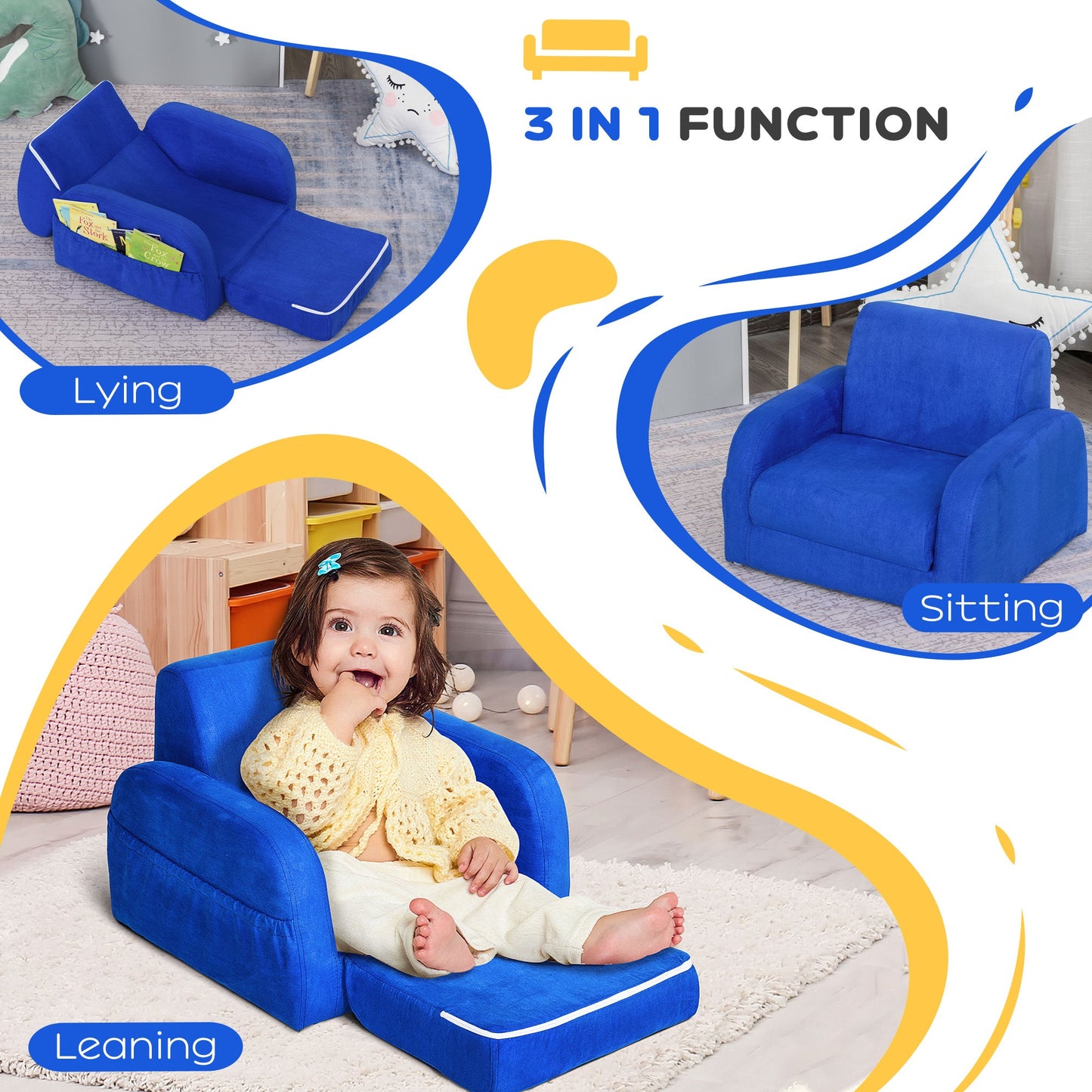 HOMCOM 2 w 1 Fotel dziecięcy Sofa rozkładana z wyściełaną drewnianą ramą sypialniana w kolorze niebieskim