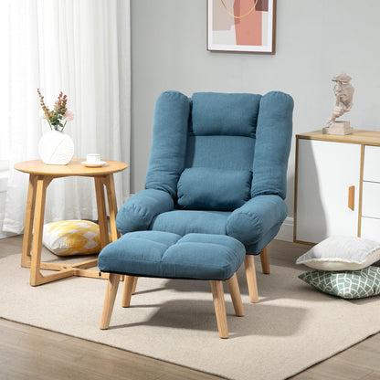 HOMCOM Armchair with Footstool, 180 Recliner with Ottoman, Accent Chair and Footstool with 3-Position Adjustable Backrest and Wooden Legs for Living Room, Blue