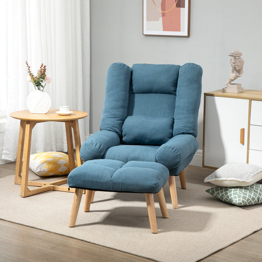 HOMCOM Armchair with Footstool, 180 Recliner with Ottoman, Accent Chair and Footstool with 3-Position Adjustable Backrest and Wooden Legs for Living Room, Blue