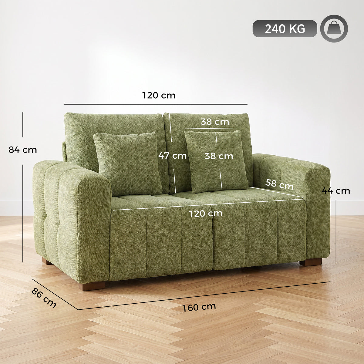 HOMCOM 2 Seater Sofa, Upholstered Velvet Small Couch for Bedroom with Pillows, Modern Sofa Settee with Padded Cushion and Wood Legs for Living Room, Green