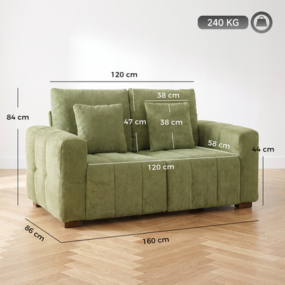 HOMCOM 2 Seater Sofa, Upholstered Velvet Small Couch for Bedroom with Pillows, Modern Sofa Settee with Padded Cushion and Wood Legs for Living Room, Green