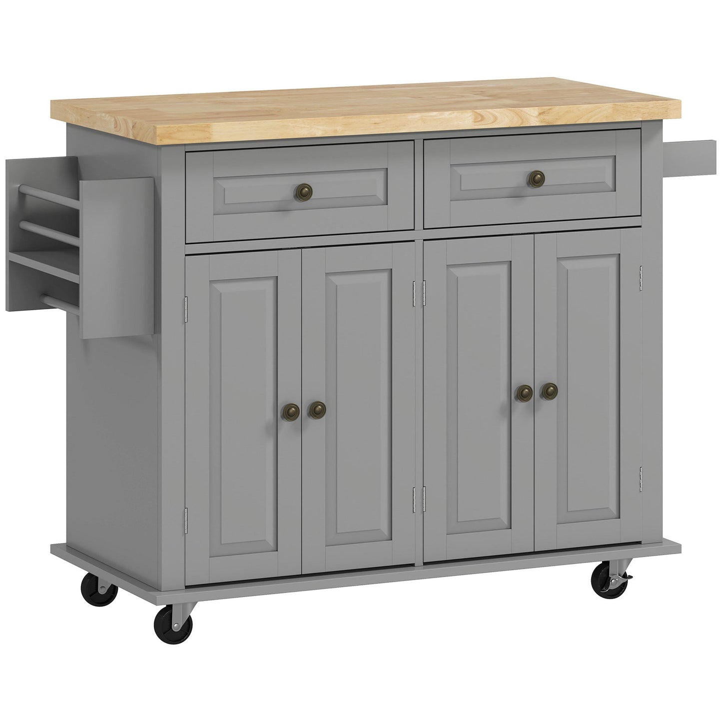 HOMCOM Rolling Kitchen Island Storage Trolley with Rubber Wood Top & Drawers for Dining Room, Grey