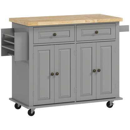 HOMCOM Rolling Kitchen Island Storage Trolley with Rubber Wood Top & Drawers for Dining Room, Grey