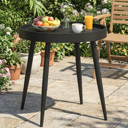 Outsunny 49.5 cm Round Garden Table, Small Outdoor Coffee Side Table with Plastic Tray-Style Top, Metal Legs, Black