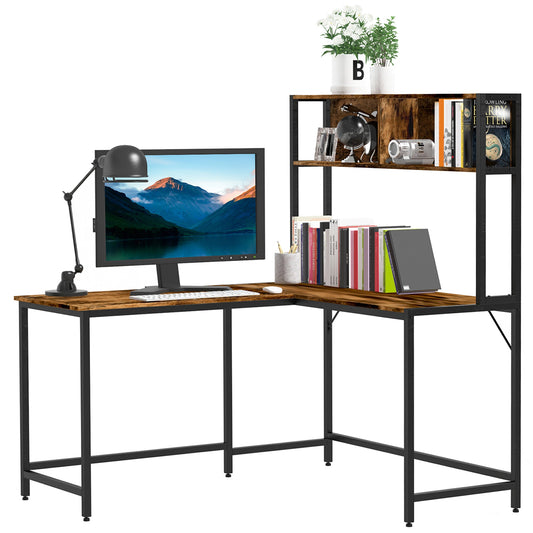 HOMCOM Biurko w kształcie litery L z odwracalnym blatem, industrialne biurko komputerowe, biurko narożne ze schowkami i stalową ramą do domowego biura, gabinetu, 140 x 125 cm, brązowe