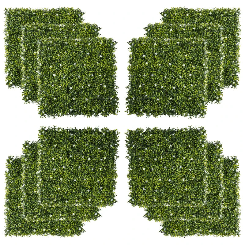 Outsunny 12PCS Artificial Boxwood Wall Panels 20" x 20" Grass Privacy Fence Screen Faux Hedge Greenery Backdrop Encrypted Milan Grass with White Flowers for Home Garden Backyard Balcony Panel