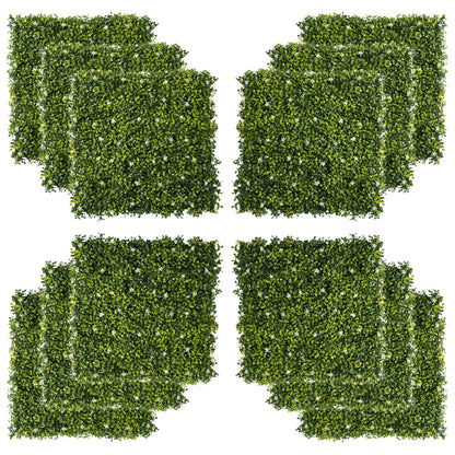 Outsunny 12PCS Artificial Boxwood Wall Panels 20" x 20" Grass Privacy Fence Screen Faux Hedge Greenery Backdrop Encrypted Milan Grass with White Flowers for Home Garden Backyard Balcony Panel