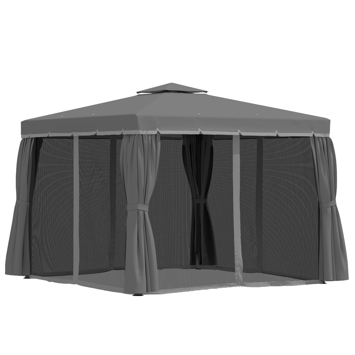 Outsunny 3 x 3(m) Patio Altana Baldachim Pawilon ogrodowy Namiot schronienie namiot z 2-poziomowym dachem hydrofobowym, moskitierą i zasłonami, aluminiowa rama, ciemnoszary