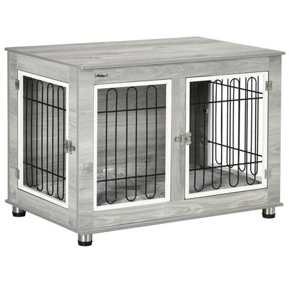 PawHut Dog Crate Furniture, Side End Table, Indoor Dog Kennel with Soft Washable Cushion, Wire Mesh, Large Top, for Medium and Large Dogs,90 x 58 x 65, Grey