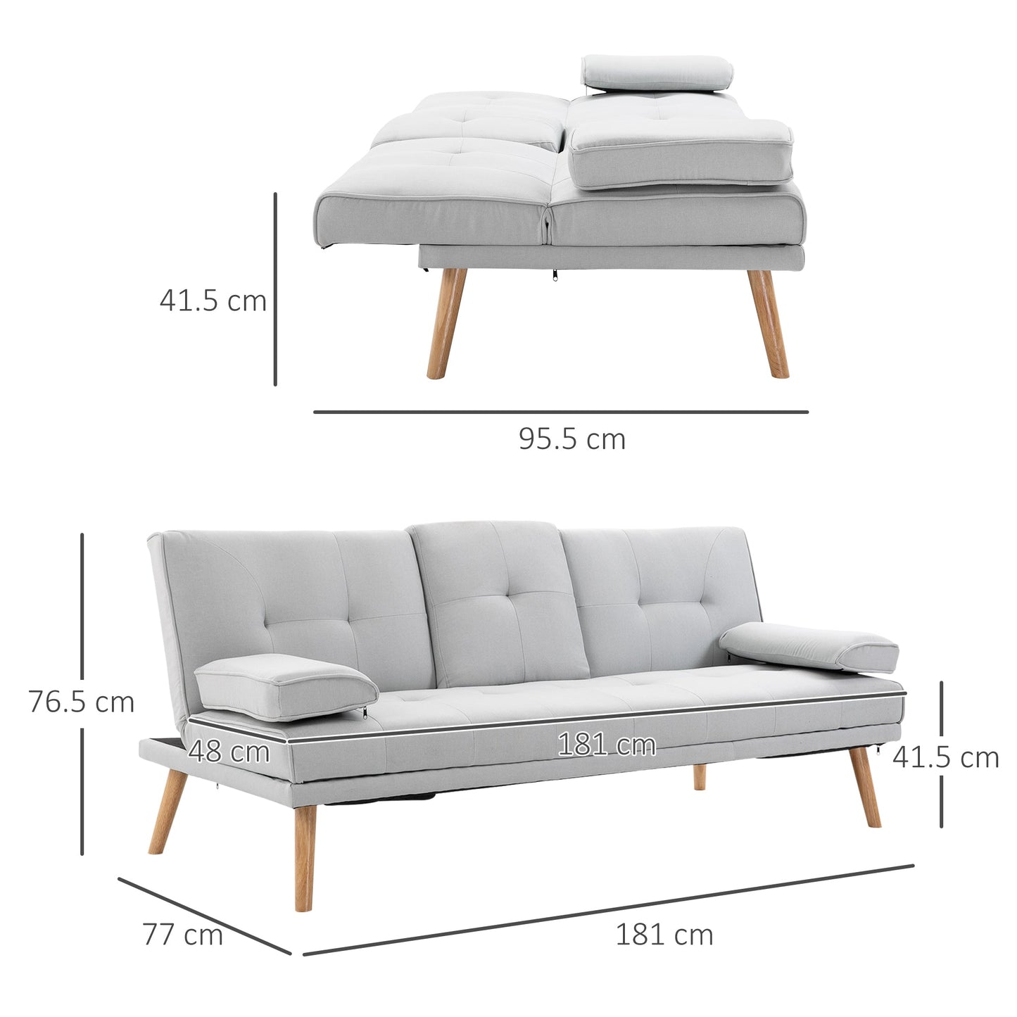 HOMCOM Fabric Click Clack Sofa Bed with 2 Cup Holders, Convertible Futon Settee, Futon Recliner Lounge for Living Room, Spare Room, Bedroom, Grey
