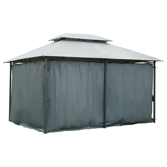 10 x 13ft Outdoor 2-Tier Steel Frame Gazebo with Curtains Outdoor Backyard, Black/Grey