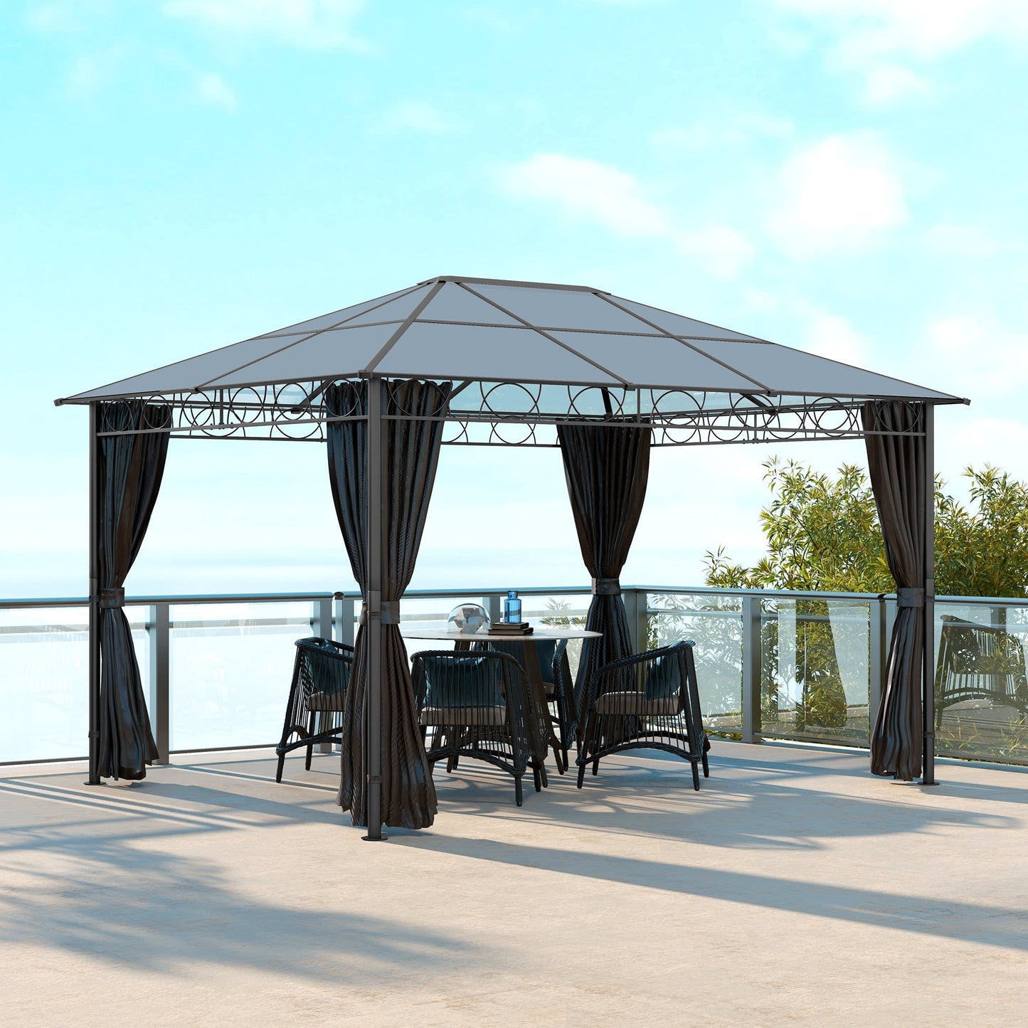 جناح حديقة Outsunny Hardtop Gazebo مع سقف بولي كربونات مقاوم للأشعة فوق البنفسجية، وستائر، وإطار من الفولاذ والألمنيوم، 3 × 4 م، رمادي