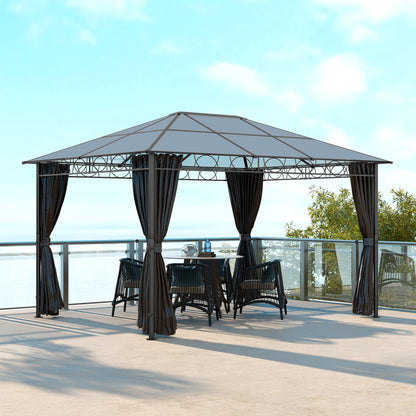 Outsunny Hardtop Gazebo Garden Pavilion with UV Resistant Polycarbonate Roof, Curtains, Steel & Aluminium Frame, 3 x 4m, Grey