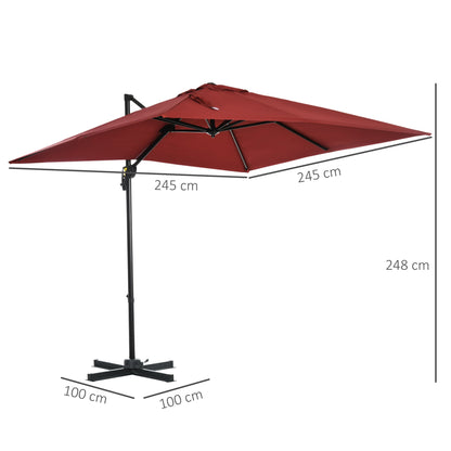 Outsunny 2,5 x 2,5 m Parasol tarasowy z wysięgnikiem, aluminiowy, wiszący, z możliwością obrotu o 360° z korbą i podstawą krzyżową, w kolorze czerwonego wina