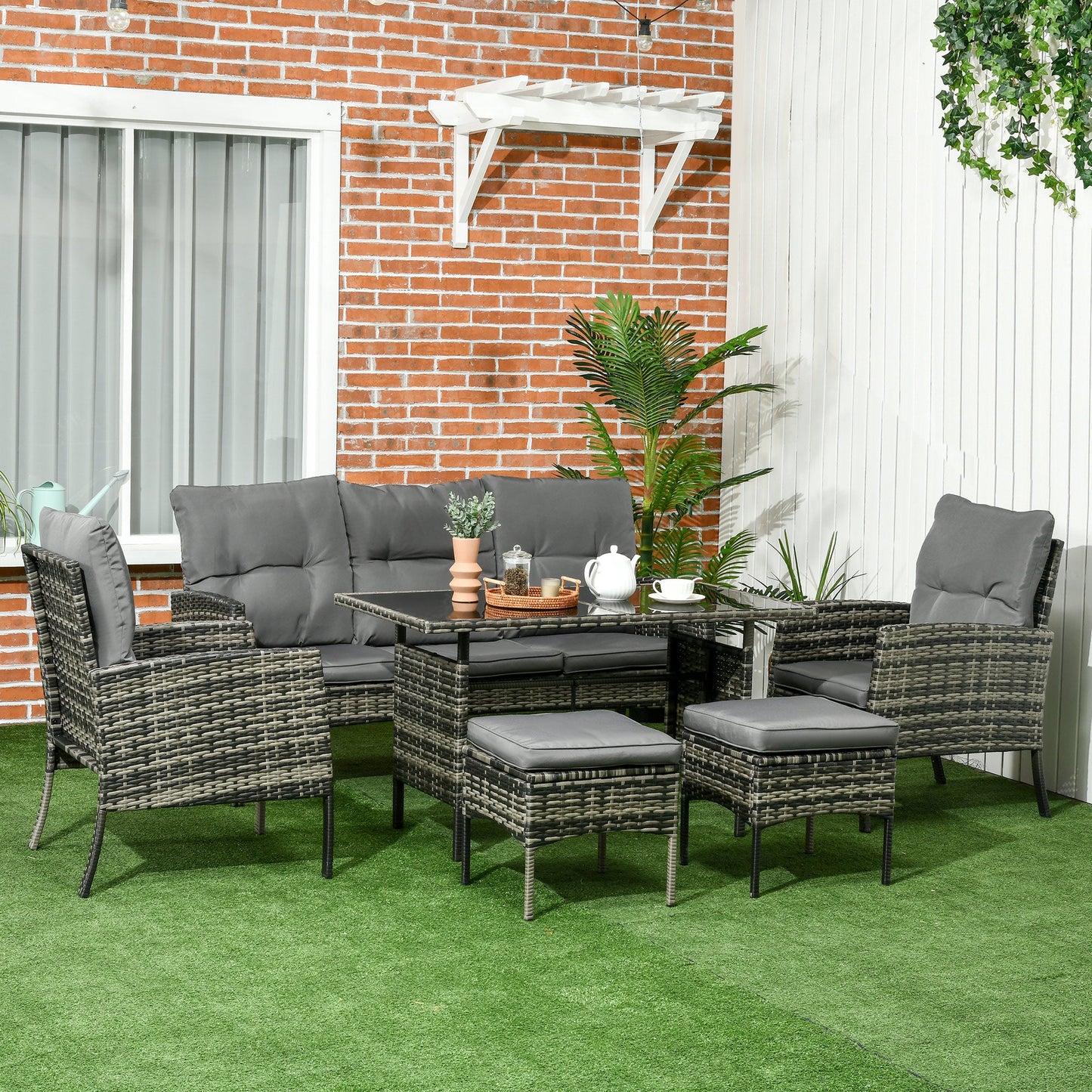 Outsunny 5 Seater Rattan Garden Furniture Set, 2 Armchairs, 3-seater Wicker Sofa, 2 Footstools and Glass Table, 6 Piece Patio Rattan furniture Sofa Sets with Cushions for Conservatory, Grey