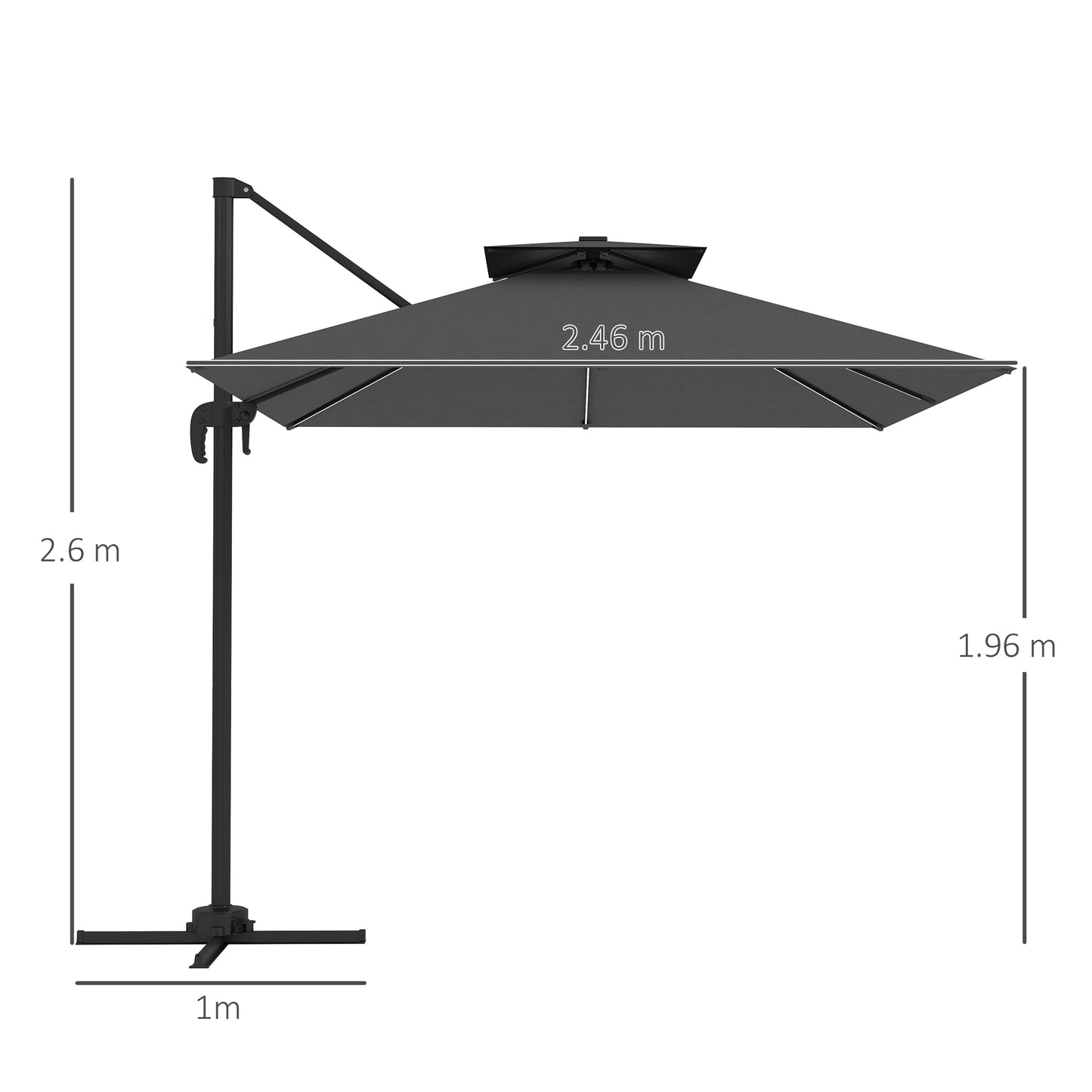 Outsunny 2,5 m parasol wspornikowy z lampami LED zasilanymi energią słoneczną, obrót 360√Ç¬∞, regulacja nachylenia, korba, ciemnoszary