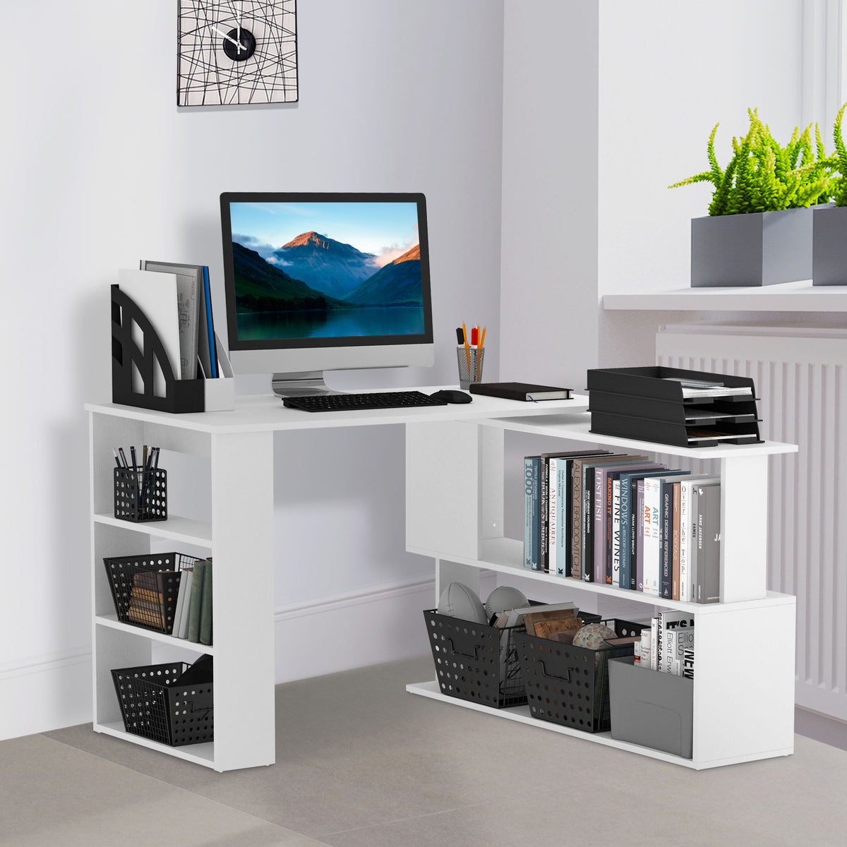 HOMCOM Corner Computer Desk, L Shaped Desk with 360° Rotating Bookshelf, 120W x 110D x 74.5H cm, White