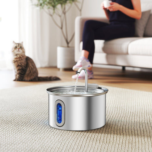 PawHut 2.5L Stainless Steel Cat Water Fountain for Drinking with Ultra-Silent Pump, Water-Level Window, Filters