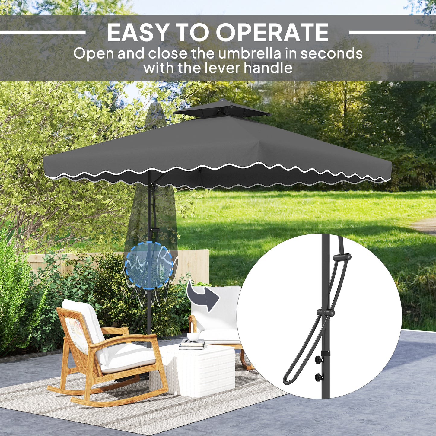 Outsunny 2,5 m parasol wspornikowy z łatwą dźwignią, kwadratowy podwójny parasol ogrodowy z falbankami i poprzeczną podstawą, zwisające zewnętrzne osłony przeciwsłoneczne, czarny