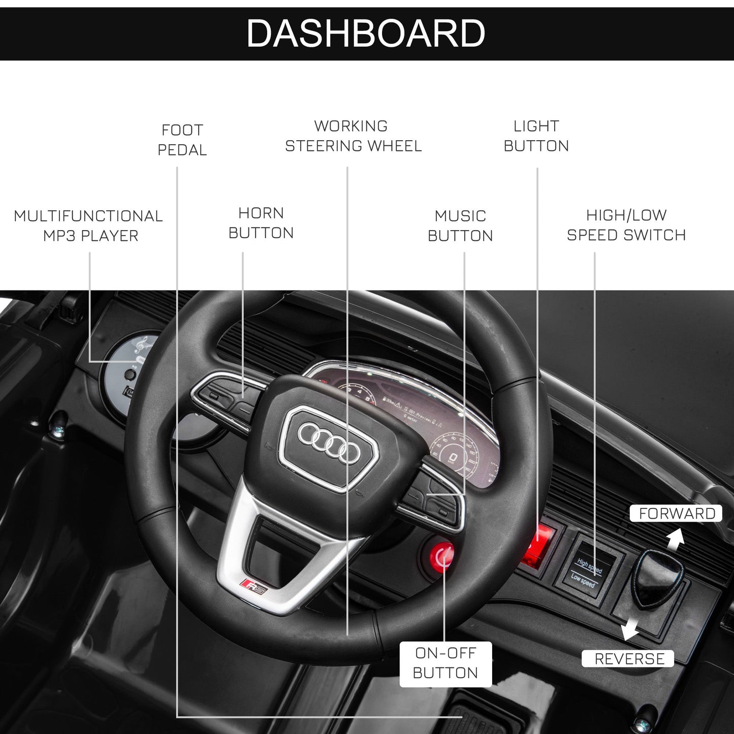 HOMCOM Audi RS Q8 Licensed 6V Kids Electric Ride On Car Toy Car with Remote Control Music Lights USB MP3 for 3-5 Years Old Black