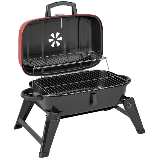 Grill węglowy Outsunny składany grill BBQ o powierzchni do gotowania 1232 cm, regulowanym otworze wentylacyjnym, termometrze, uchwytach na piknik kempingowy, czerwony