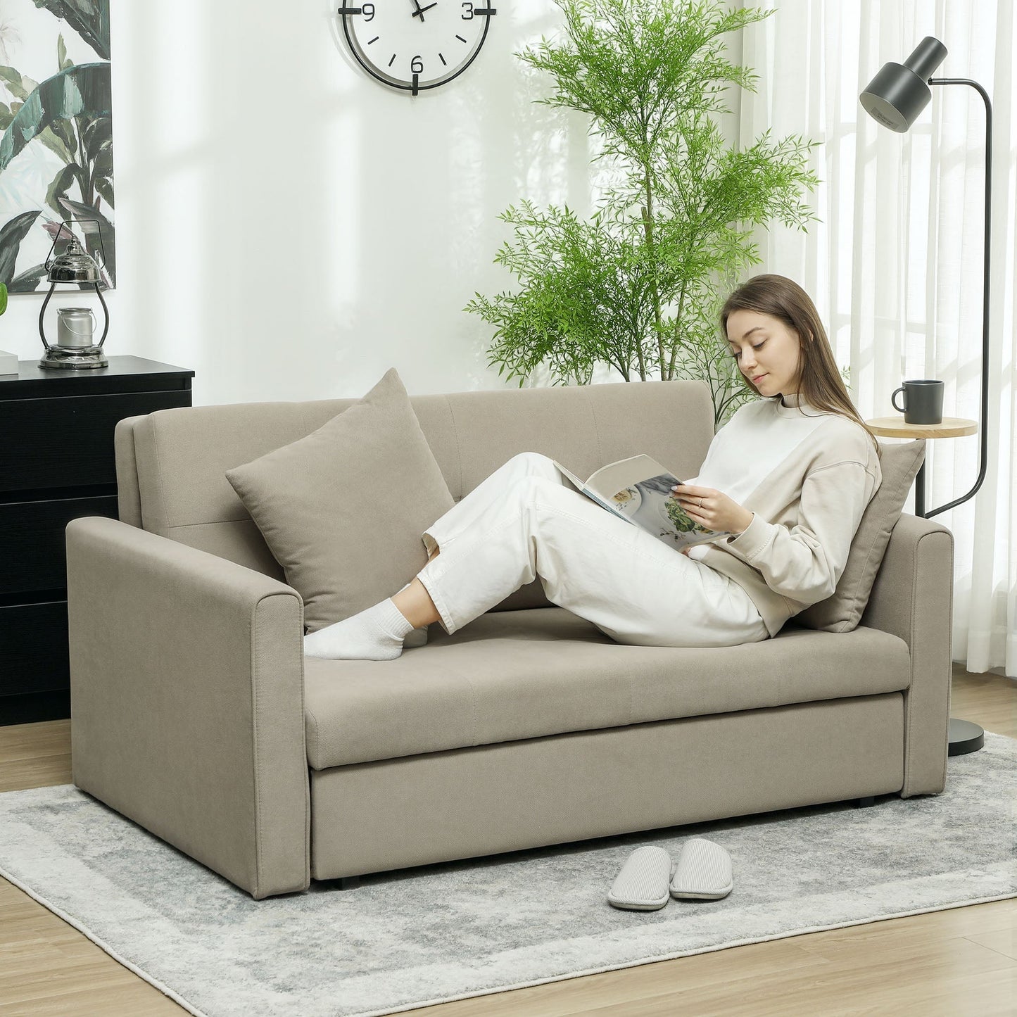 HOMCOM 2 Seater Sofa Bed with Hidden Storage, Pull Out Convertible Bed Settee, Modern Velvet Loveseat Sofa Sleeper with 2 Cushions for Living Room, Guest Room, Light Brown