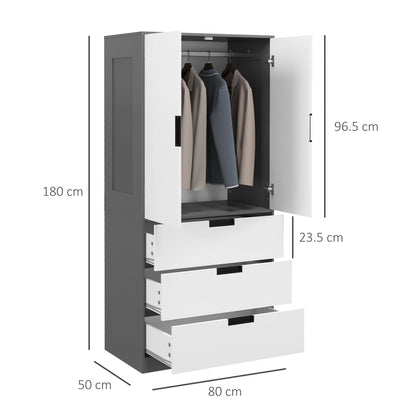 2 Door Wardrobe, Modern Wardrobe with 3 Drawers and Hanging Rod for Bedroom, Grey