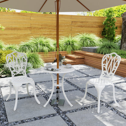 Outsunny 3-częściowy zestaw ogrodowy Bistro, zestaw mebli ogrodowych z odlewu aluminiowego z otworem na parasol na balkon, werandę, patio, biały