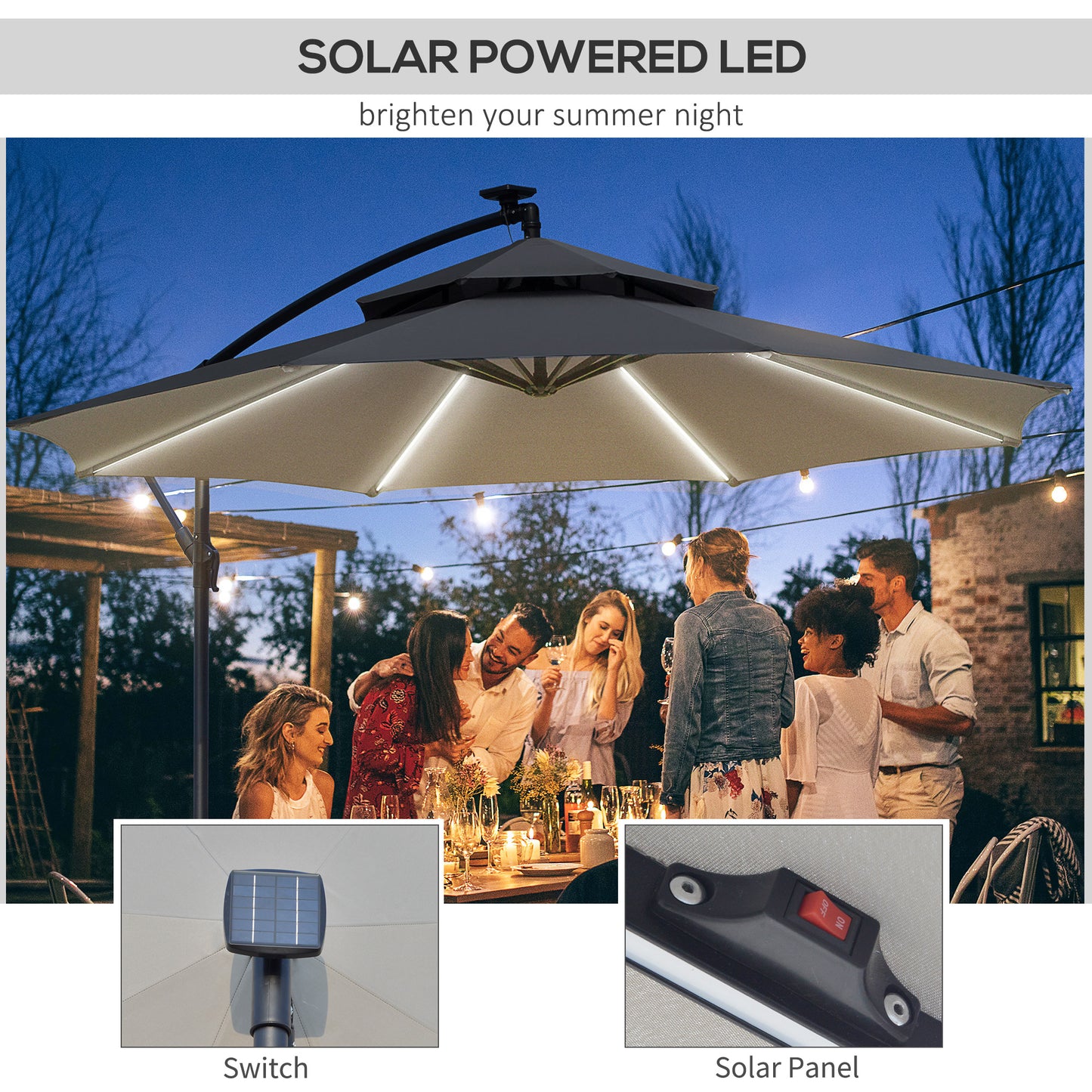 Outsunny 3m LED Light Overhanging Parasol - Szary